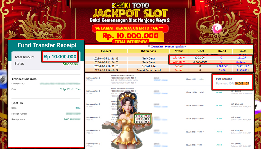 KOKITOTO JACKPOT SLOT Mahjong Ways 2  Rp. 10.000.000 ,- LUNAS