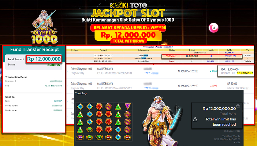 KOKITOTO JACKPOT SLOT Gates Of Olympus 1000  Rp. 12.000.000 ,- LUNAS