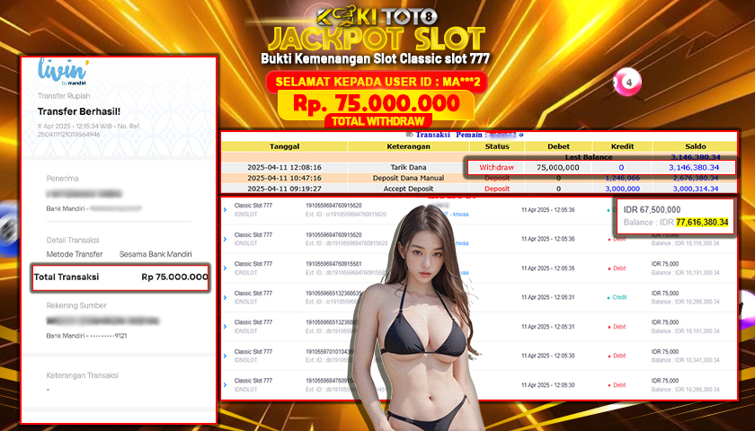 KOKITOTO JACKPOT SLOT Classic slot 777  Rp. 75.000.000 ,- LUNAS