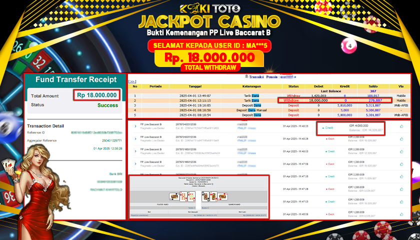 KOKITOTO JACKPOT CASINO PP Live Baccarat B  Rp. 18.000.000 ,- LUNAS