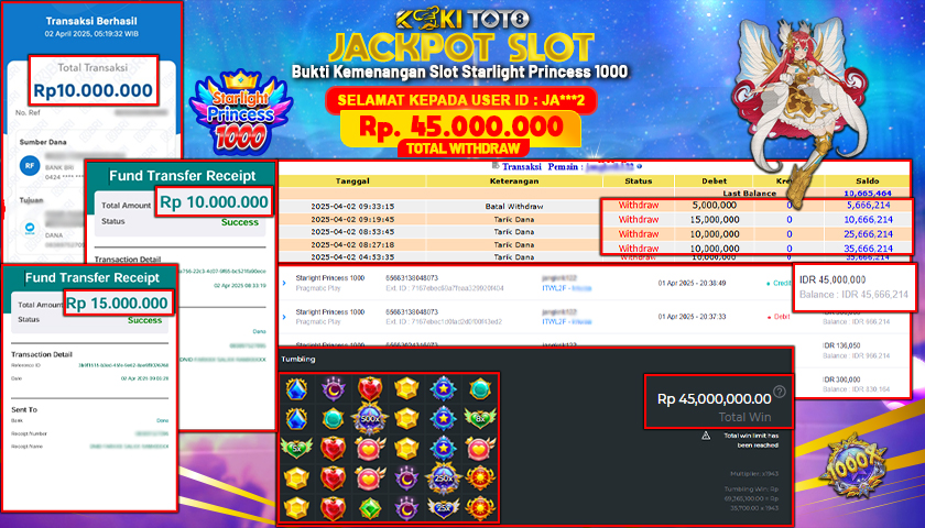 KOKITOTO JACKPOT SLOT Starlight Princess 1000  Rp. 45.000.000 ,- LUNAS