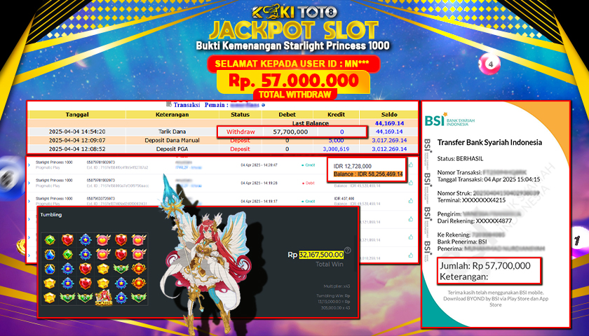 KOKITOTO JACKPOT SLOT Starlight Princess 1000  Rp. 57.000.000 ,- LUNAS