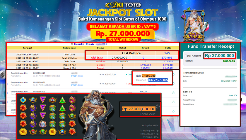 KOKITOTO JACKPOT SLOT Gates Of Olympus 1000  Rp. 27.000.000 ,- LUNAS