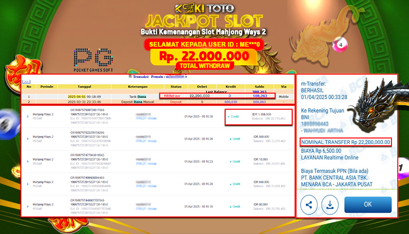 KOKITOTO JACKPOT SLOT Mahjong Ways 2  Rp. 22.000.000 ,- LUNAS