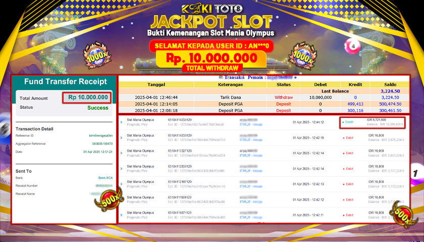 KOKITOTO JACKPOT SLOT Slot Mania Olympus  Rp. 10.000.000 ,- LUNAS