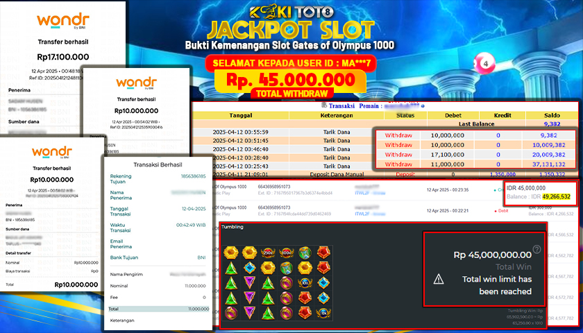 KOKITOTO JACKPOT SLOT Gates Of Olympus 1000  Rp. 45.000.000 ,- LUNAS