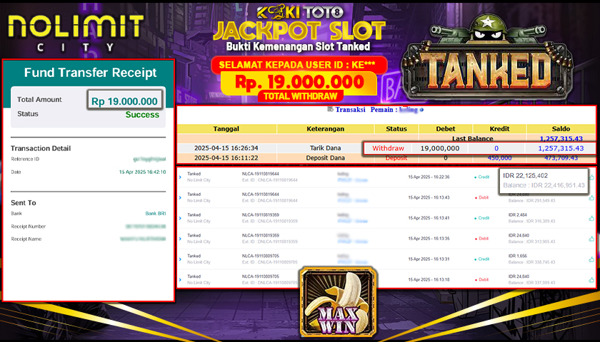 KOKITOTO JACKPOT SLOT Tanked No Limit City  Rp. 19.000.000 ,- LUNAS