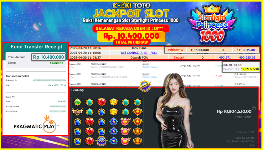 KOKITOTO JACKPOT SLOT Starlight Princess 1000  Rp. 10.400.000 ,- LUNAS